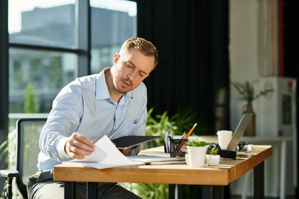 Jeune professionnel travaillant à son bureau avec une tablette et des dossiers dans un cadre administratif moderne.