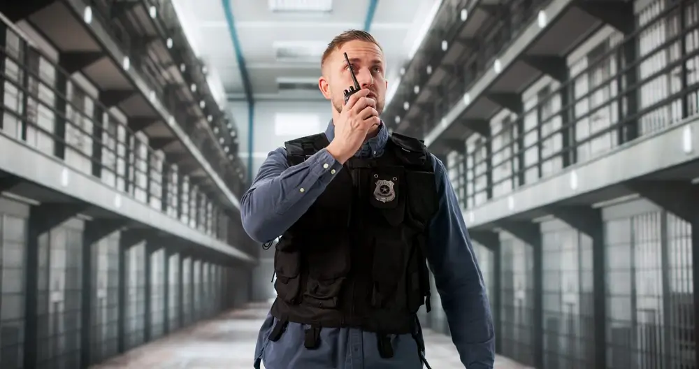 Surveillant pénitentiaire en uniforme utilisant sa radio dans un couloir de prison.